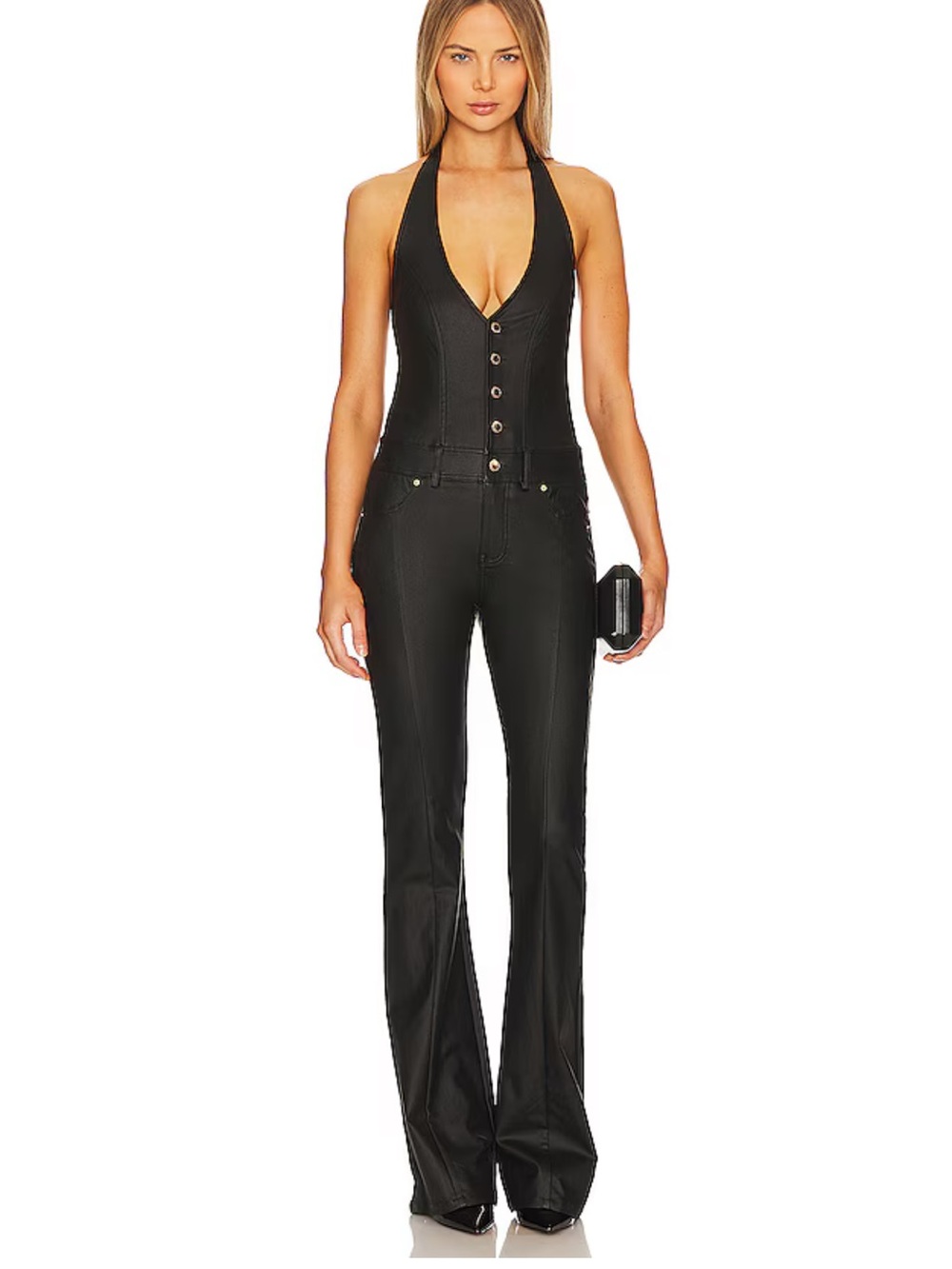 Retrofete Black Halter Jumpsuit with Button Front